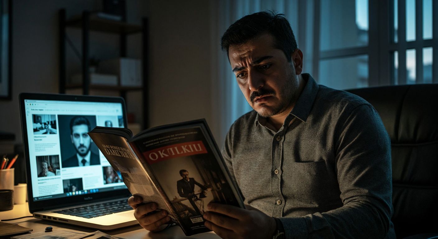 A somber Turkish man in a dimly lit office holds a stack of glossy magazines with a resigned expression, while a glowing laptop screen displaying the same magazine's digital version casts light on his face.