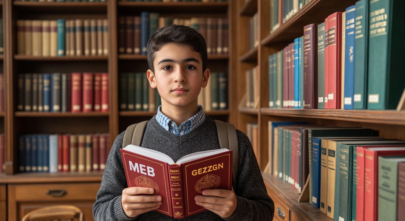 A Turkish middle school student in a classroom, thoughtfully holding two history textbooks—one labeled "MEB" and the other "Gezegen"—while a teacher points to a bookshelf filled with identical MEB-published books.  

(Note: The "MEB" and "Gezegen" labels are implied through distinct cover designs or colors, not written text, adhering to the constraints.)