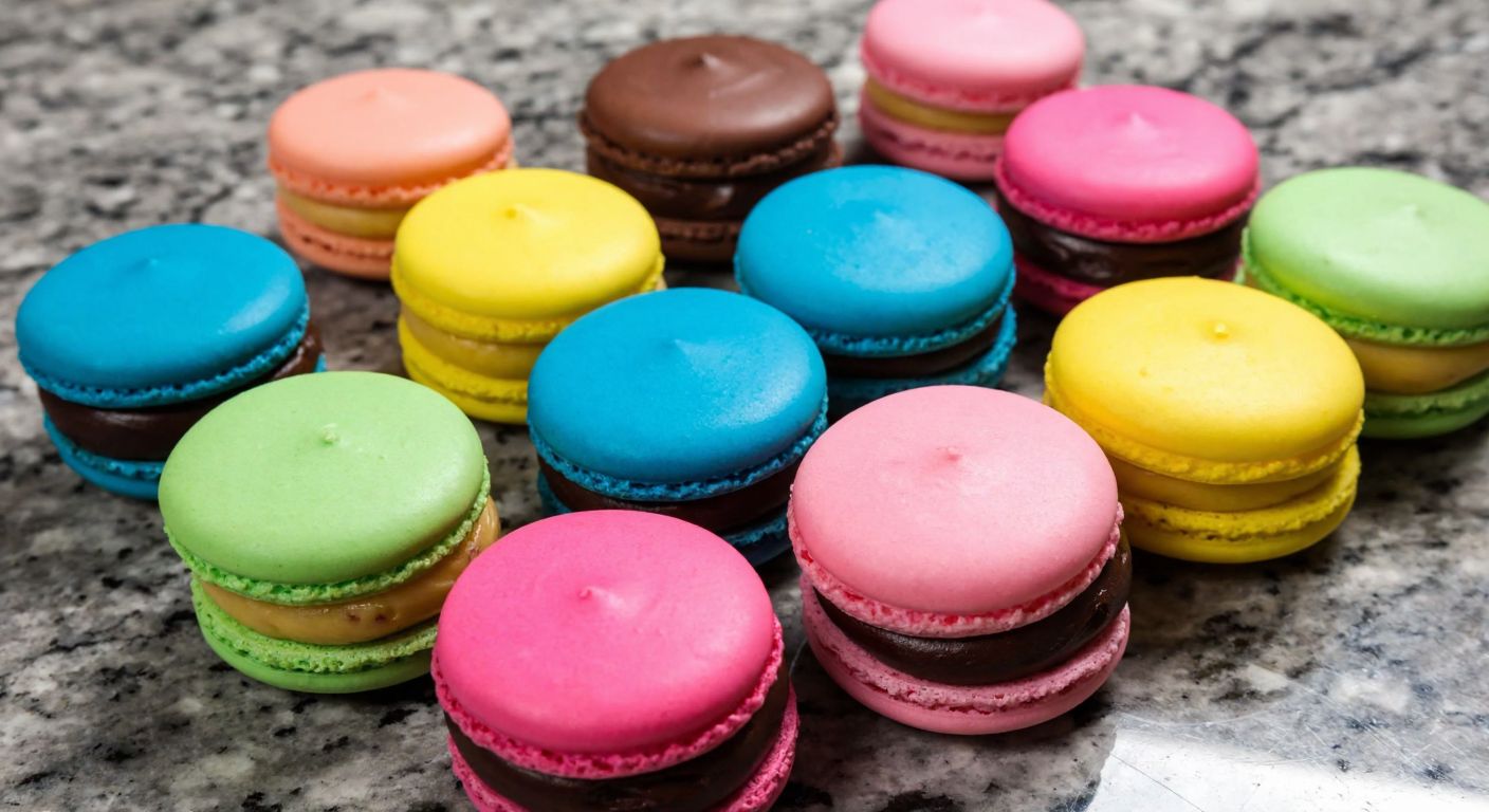 A colorful assortment of delicate French macarons with smooth, glossy tops and ruffled edges, filled with creamy chocolate ganache and vibrant fruit purées, arranged neatly on a marble countertop.