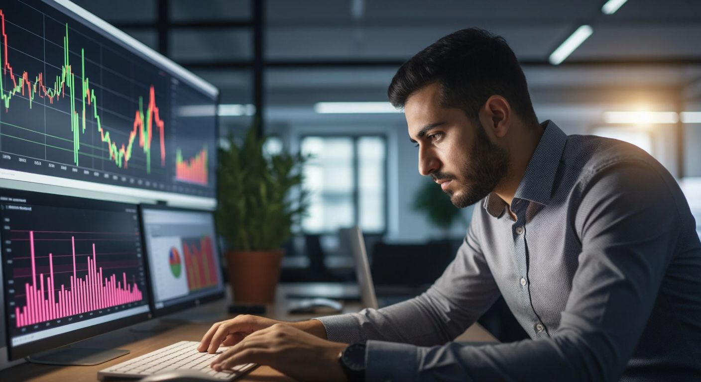 A focused Turkish trader in a modern office studies a glowing financial chart with colorful trend lines and histogram bars, reflecting market analysis.