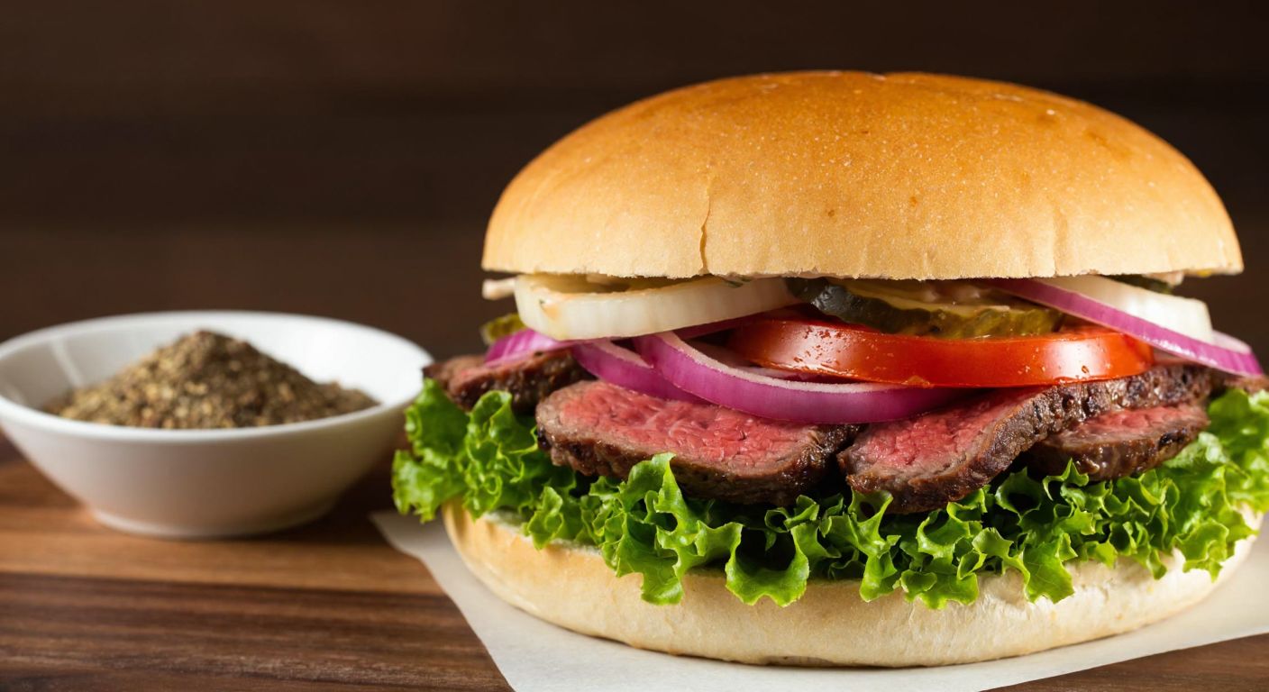 A juicy, thick-cut beef steak sandwich with layers of fresh tomato, pickles, onion, and lettuce, resting on a wooden table beside a small bowl of gyro spices, evoking the rich aroma of slow-roasted meat.