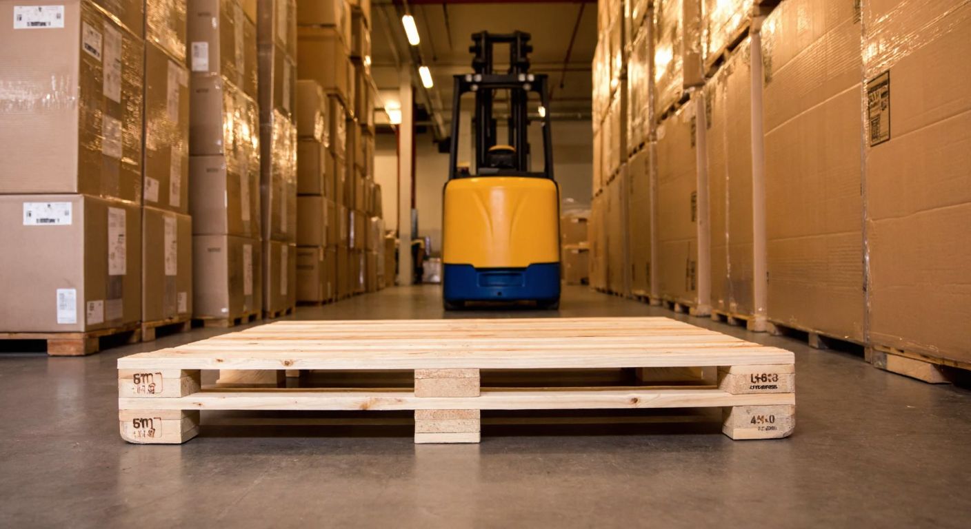 A sturdy wooden pallet with dimensions 40x48 inches sits in a warehouse, surrounded by neatly stacked cardboard boxes, under warm artificial lighting, with a forklift in the background.