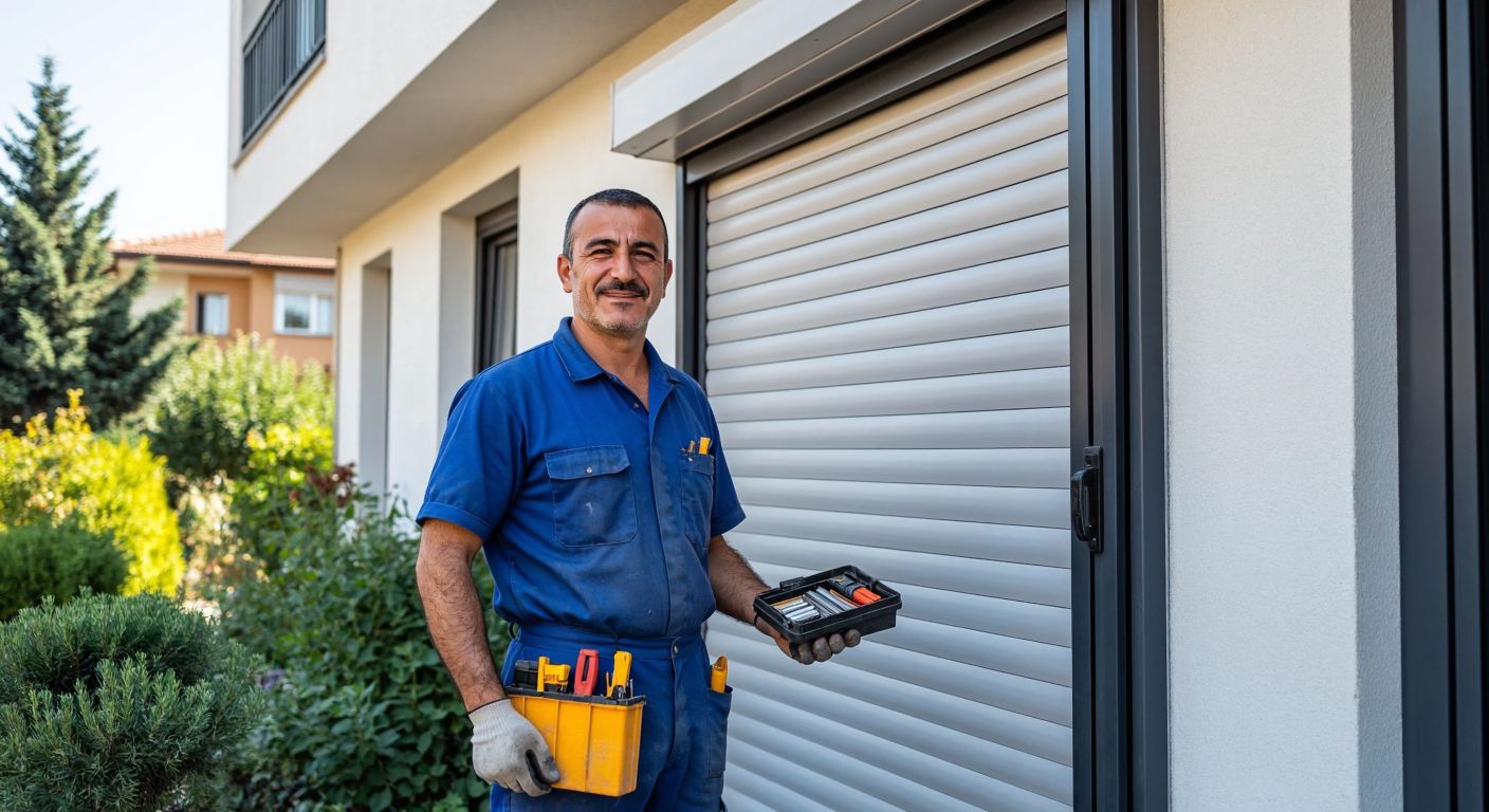 A middle-aged Turkish craftsman in a blue work uniform stands proudly beside a freshly installed automatic shutter on a sunlit residential building in Aydın, holding a toolbox with a satisfied smile.