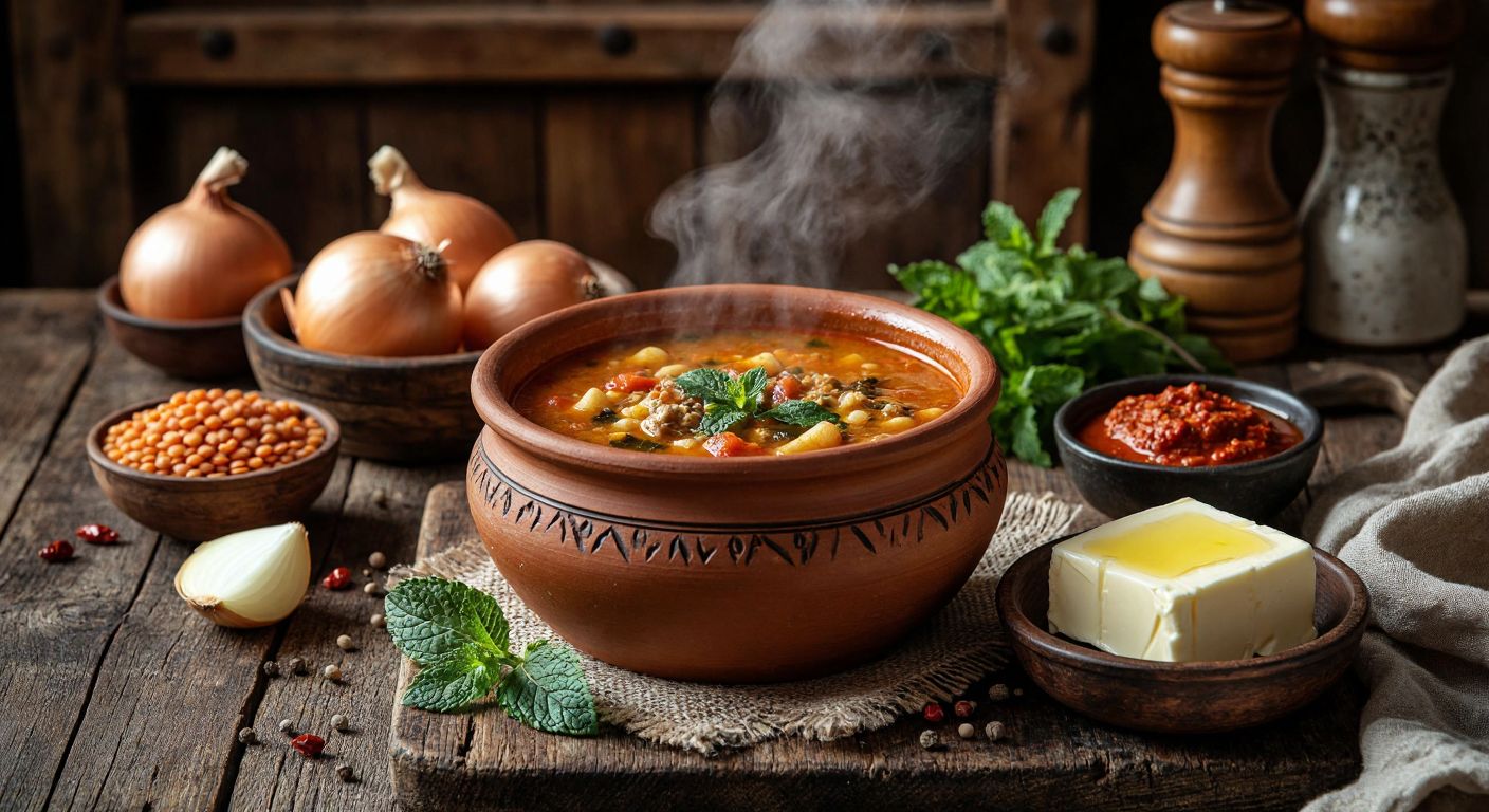 A rustic wooden table in a Turkish kitchen holds a steaming clay pot of *bacaklı çorba*, surrounded by fresh ingredients—golden lentils, coiled erişte, a halved onion, a small bowl of red pepper paste, and a pat of melting butter, with dried mint and chili flakes sprinkled nearby.
