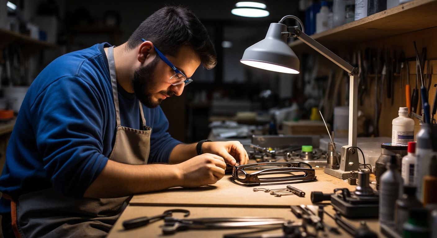 A skilled Turkish technician in a small, well-lit glasses repair workshop carefully uses a laser welder to mend a sleek titanium frame resting on a wooden workbench, surrounded by delicate tools and spare parts.
