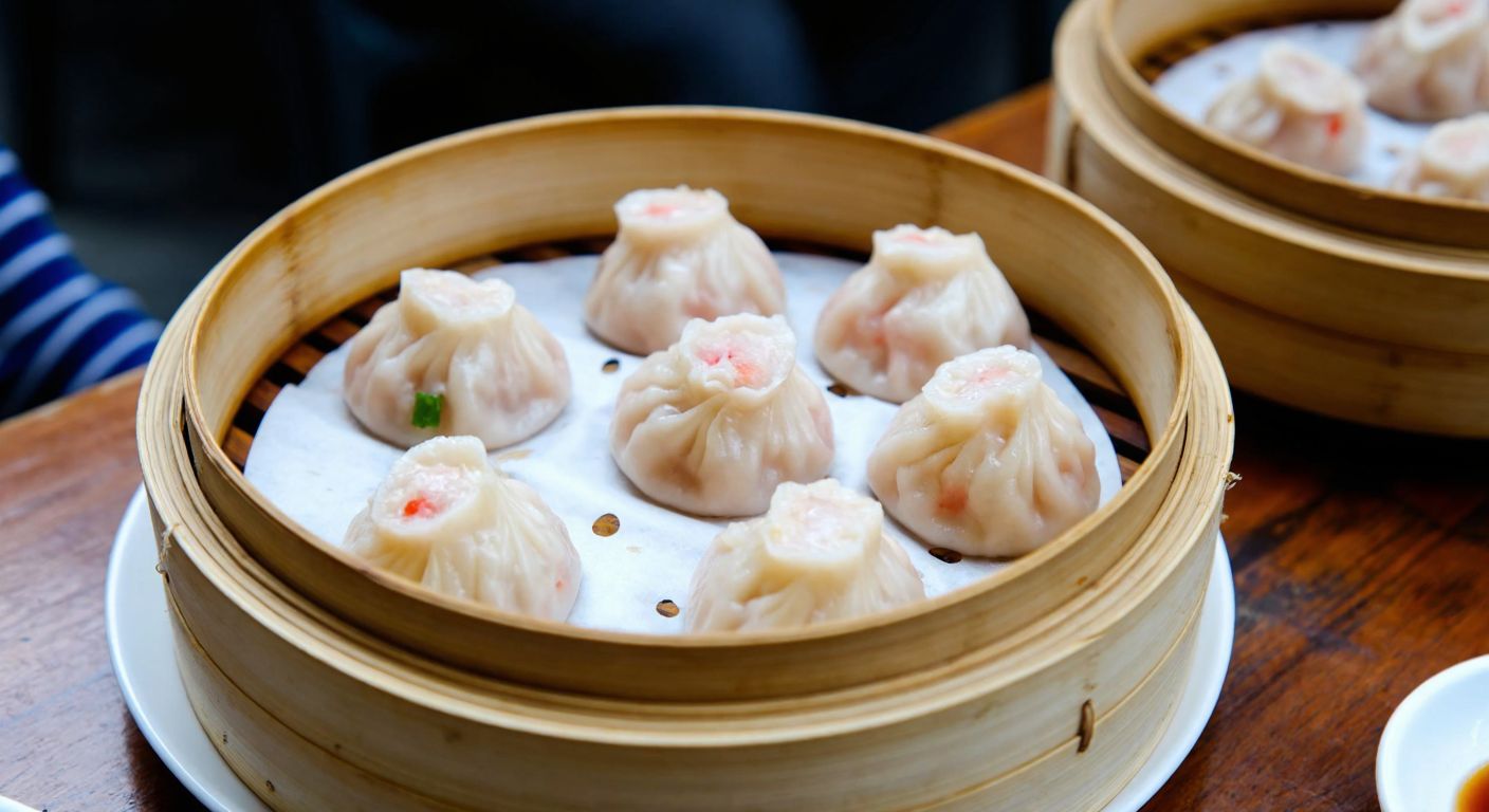 A steaming bamboo basket holds delicate, translucent **tangbao** dumplings filled with savory minced pork and crab, glistening with soy sauce and sesame oil, placed on a rustic wooden table in a bustling Shanghai street food stall.