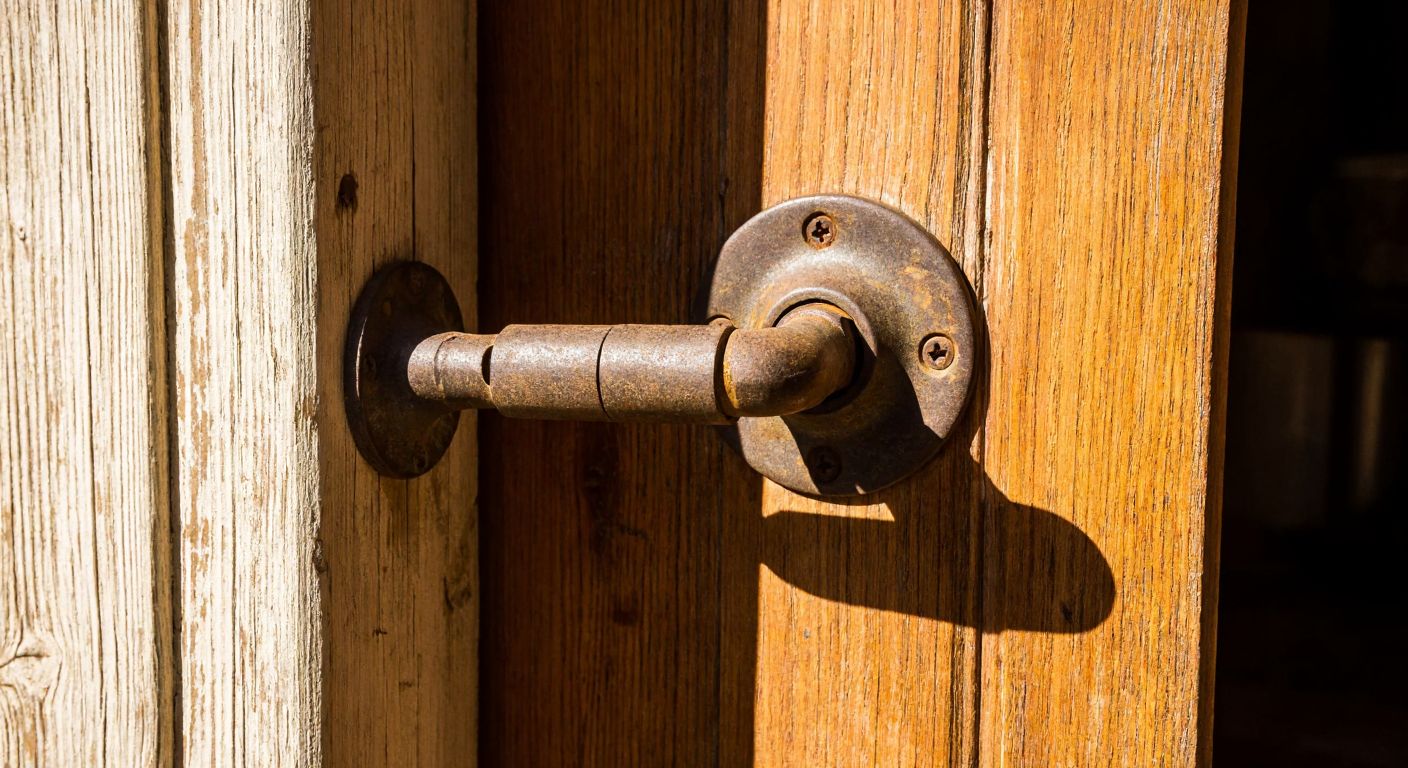 A close-up of a worn-out Turkish-style door handle with visible rust and loose internal metal parts, set against a weathered wooden door in a sunlit residential courtyard.