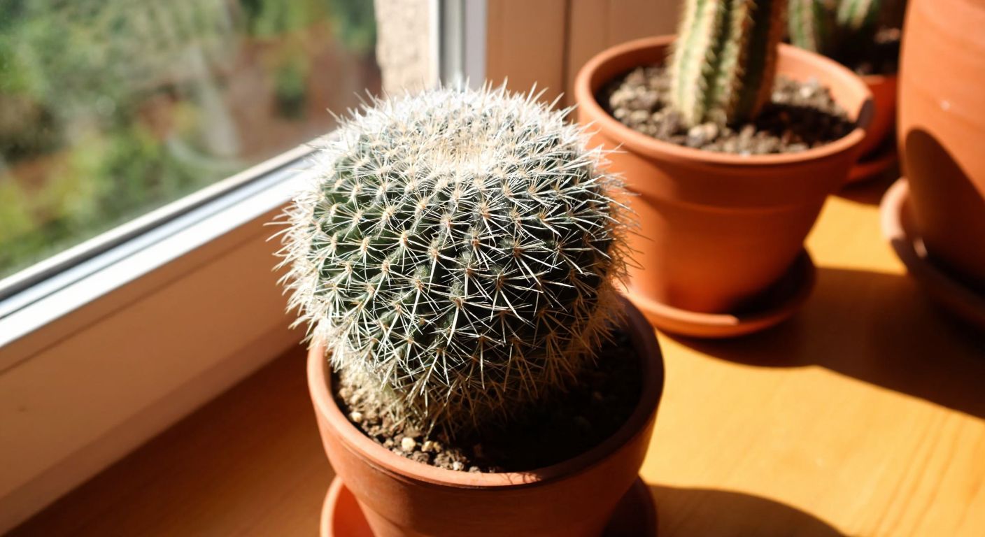 A plump, fuzzy white cactus with long spines sits on a sunny windowsill in a cozy Turkish home, surrounded by warm terracotta pots and casting soft shadows on a wooden table.