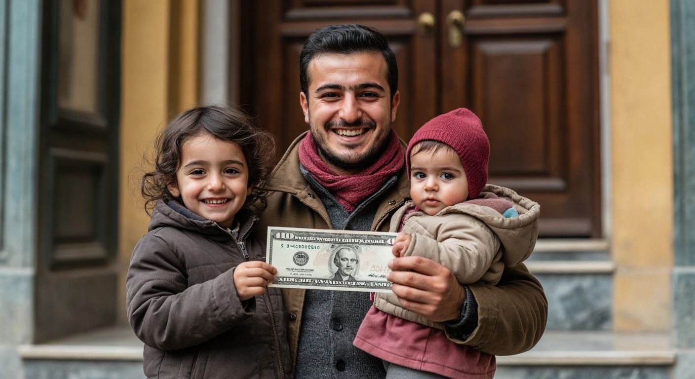 A Turkish civil servant smiling while holding a paycheck with a small child standing beside them, symbolizing the financial support for families.