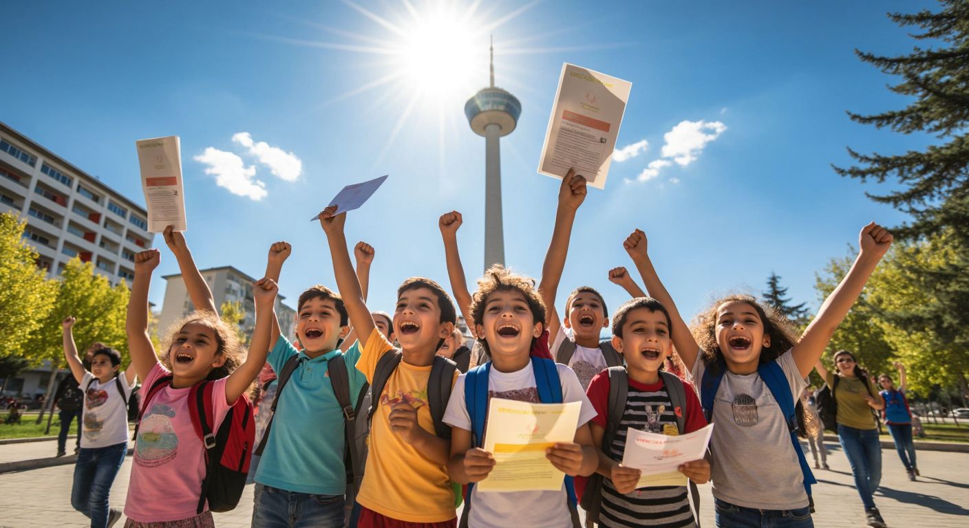 A group of joyful schoolchildren in Ankara, wearing backpacks and holding report cards, celebrating under a bright summer sun with the silhouette of the Atakule Tower in the background.