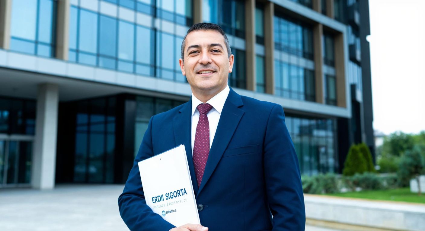 A middle-aged Turkish man in a formal suit stands confidently in front of a modern office building in Ankara, holding a folder labeled "Erdi Sigorta Ekspertiz" while smiling warmly.