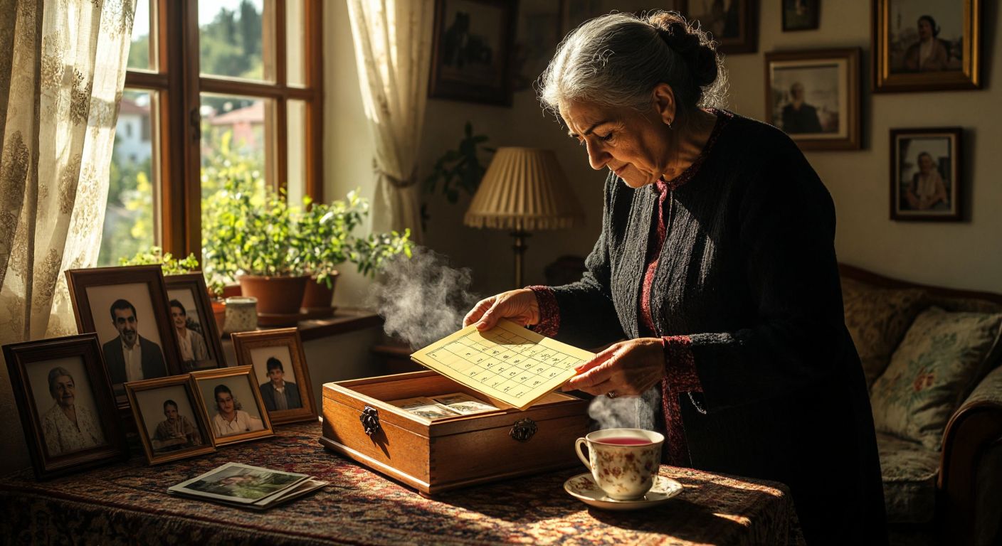 A warm, sunlit Turkish living room with an elderly woman carefully placing a yellowed calendar page into a wooden memory box, surrounded by framed family photos and a steaming cup of çay, her eyes reflecting quiet nostalgia.