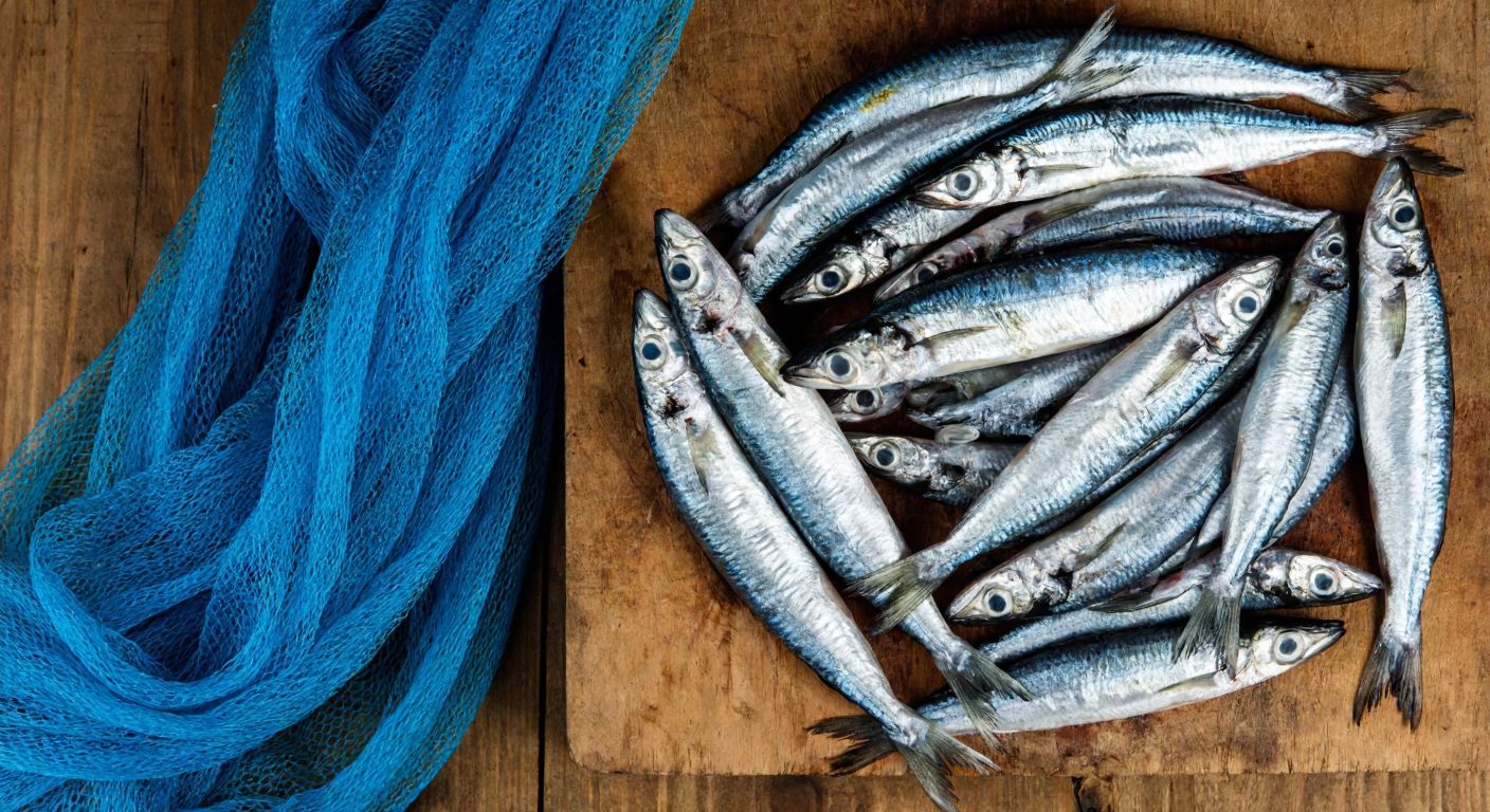 A vibrant pile of fresh, glistening anchovies with silvery-blue scales, arranged neatly on a rustic wooden table beside a traditional Turkish fishing net, evoking freshness and high quality.