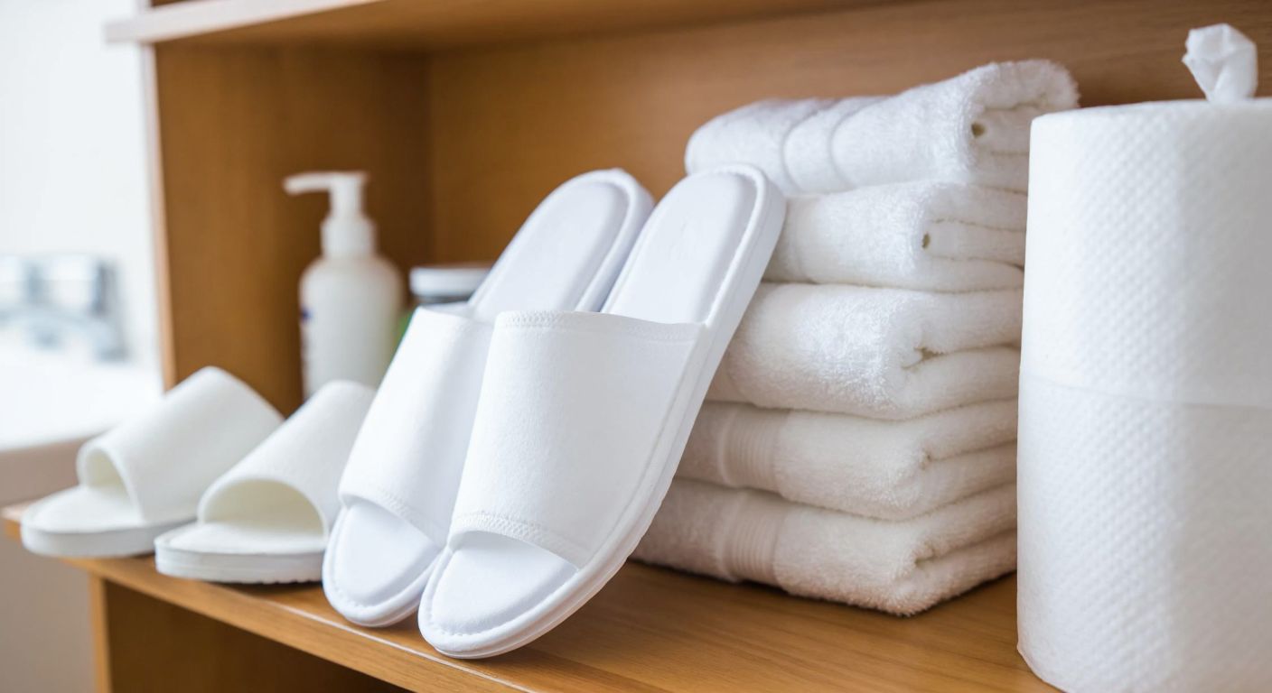 A neatly arranged stack of white disposable hygiene products—towels, slippers, and antibacterial wipes—on a wooden shelf in a bright Turkish hotel bathroom, conveying cleanliness and convenience.