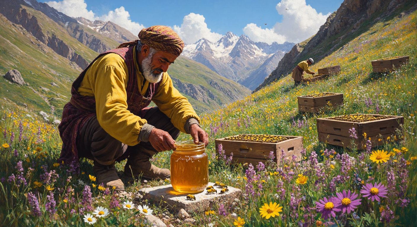 A golden jar of honey surrounded by wildflowers in the rugged mountains of Hakkari, with a beekeeper in traditional Turkish attire carefully tending to wooden hives under a warm sun.