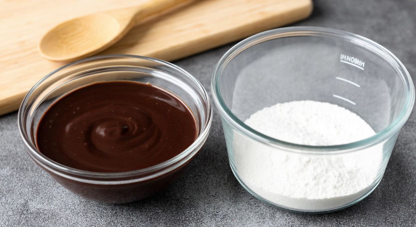 A close-up of a Turkish kitchen counter with a small glass bowl filled with smooth, dark chocolate pudding (spangle) next to a measuring cup holding half a cup of white flour, with a wooden spoon resting nearby.