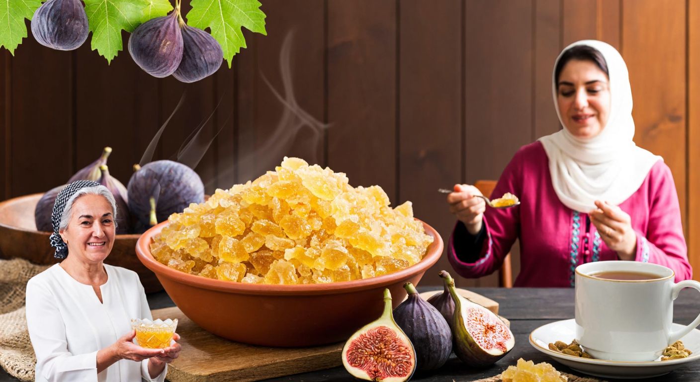 A vibrant Turkish kitchen scene with a bowl of golden nabat sugar crystals on a wooden table, surrounded by fresh figs, a steaming cup of tea, and a smiling elderly woman in traditional attire holding a spoon, while a younger person listens attentively.
