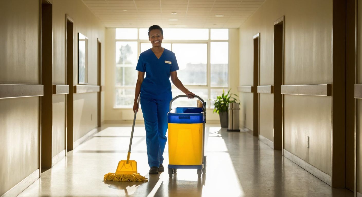 A smiling woman in a blue uniform pushes a yellow cleaning cart down a bright hallway, holding a mop and bucket while sunlight streams through large windows.