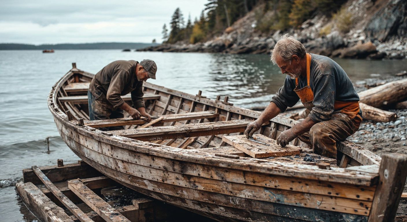 A weathered wooden boat under repair with a craftsman applying marine glue near the shore, while another artisan in a workshop carefully joins two pieces of wood with wood glue.