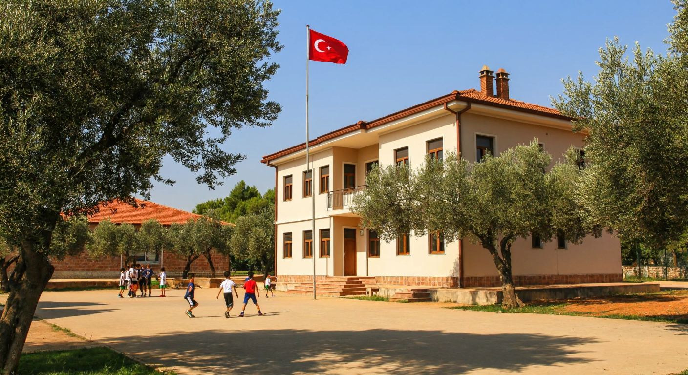 A sunlit Turkish primary school with a red-tiled roof and a flagpole in front, nestled among olive trees in Tuzla Mahallesi, with children in uniforms playing in the courtyard.
