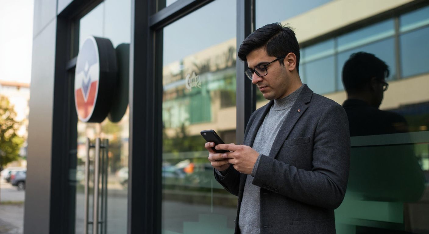 A person in Ankara stands thoughtfully outside a modern bank building, holding a smartphone while gazing at its screen, with a faint reflection of a bank logo visible on the glass door behind them.