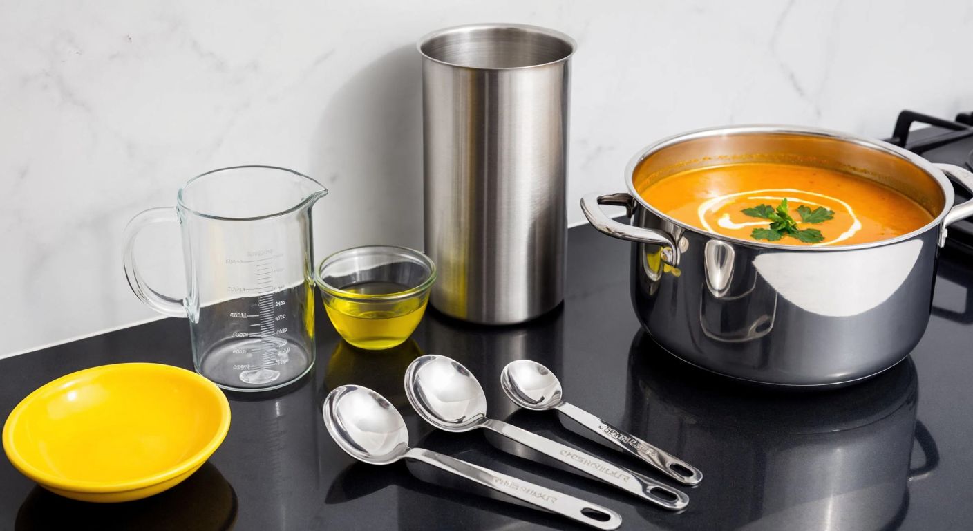 A Turkish kitchen counter with a clear glass measuring cup, a stainless steel graduated cylinder, and a set of shiny metal measuring spoons next to a bowl of olive oil and a simmering pot of çorba.