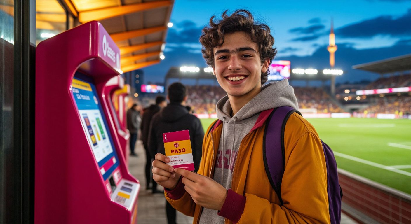 A cheerful young person in Istanbul holds a Passo card near a colorful event ticket booth, with a digital payment terminal and a football stadium in the background.
