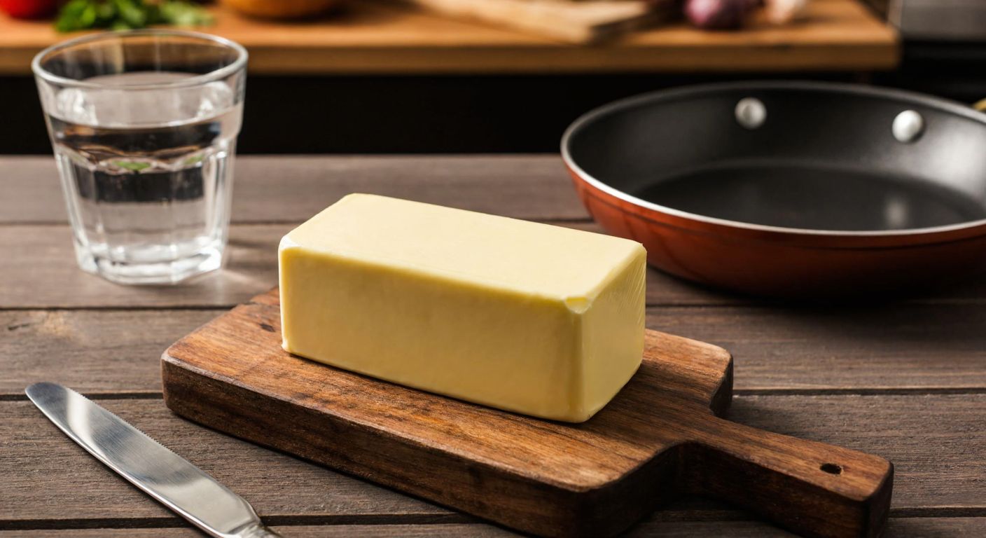 A golden block of Yörsan butter melting slightly on a rustic wooden table in a Turkish kitchen, with a glass of water and a warm frying pan nearby, evoking trust and scrutiny.