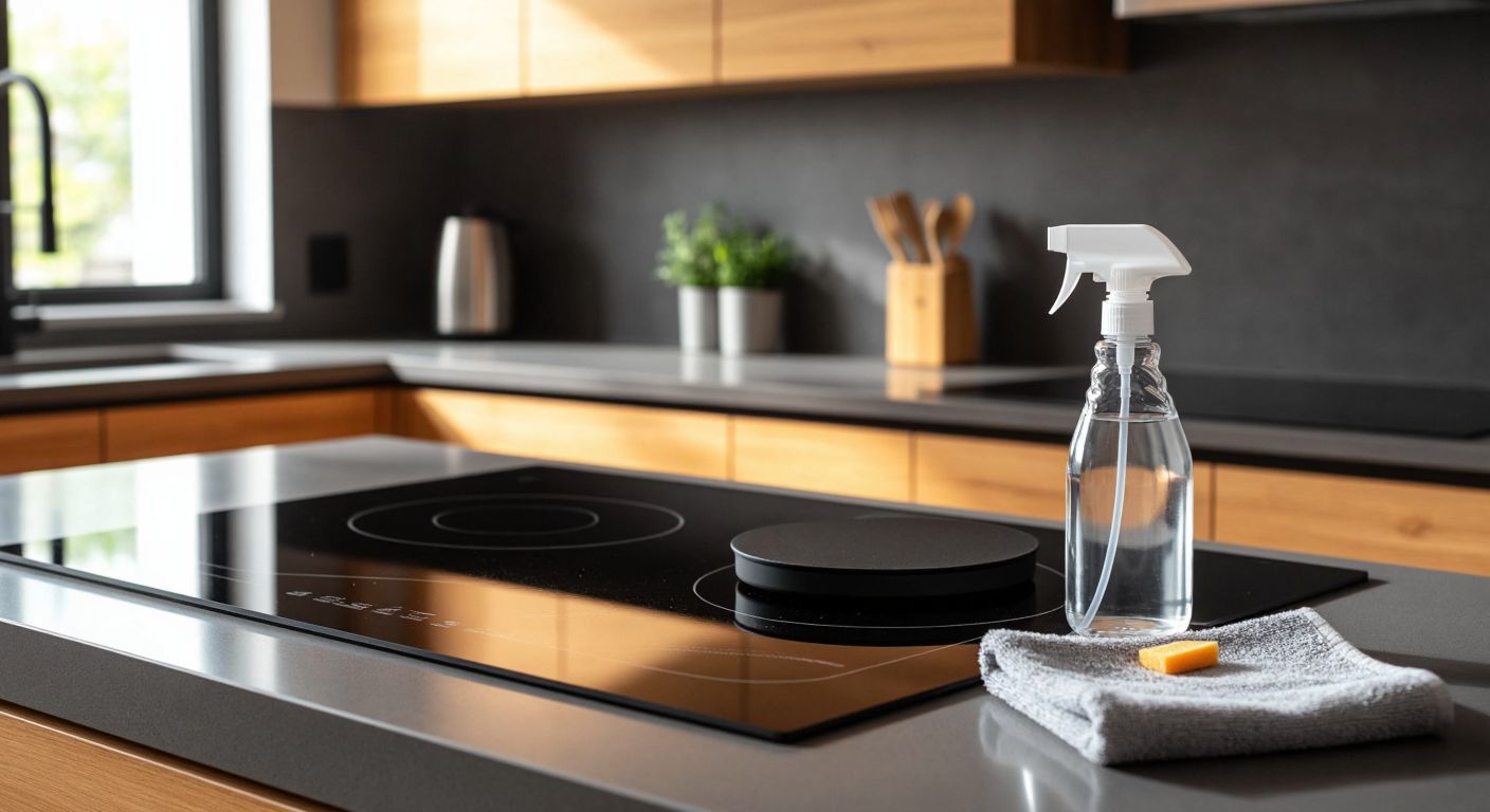 A sleek gray glass stovetop with faint scratches reflecting light, surrounded by a soft cleaning cloth and a gentle spray bottle, set against a modern Turkish kitchen backdrop with warm wooden cabinets.