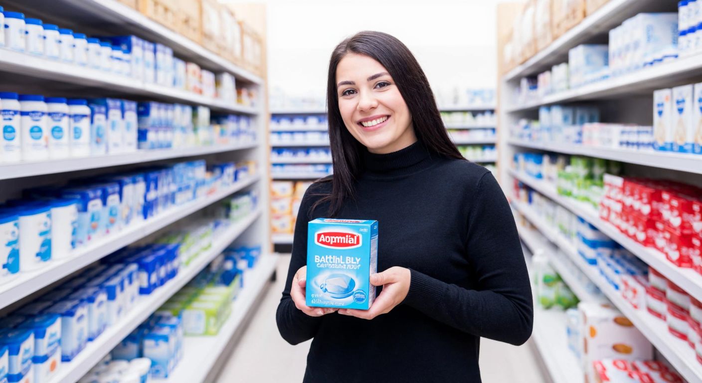 A young mother in a modern Turkish supermarket smiles while holding a box of Aptamil baby formula, with shelves stocked with various baby products in the background.