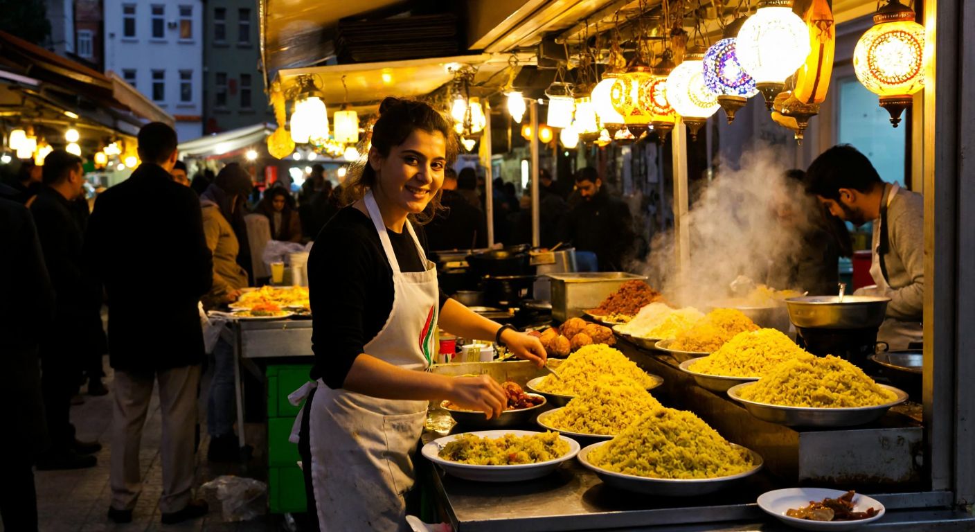 A bustling Istanbul street food stall with a smiling woman in an apron (Hazal) serving steaming plates of golden, fragrant rice pilaf to eager customers, surrounded by the warm glow of hanging lanterns and the aroma of spices.