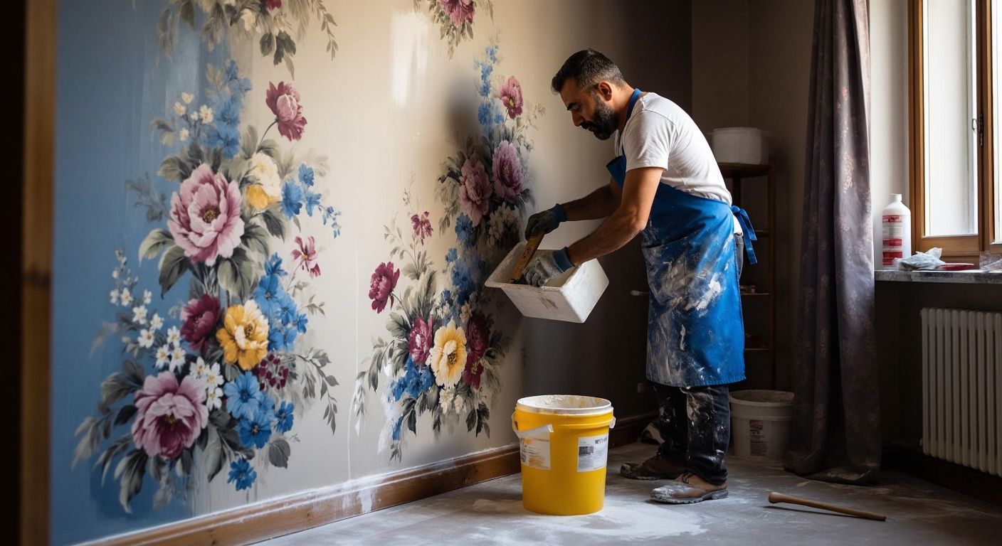 A Turkish man in a paint-splattered apron carefully smoothens a patterned wallpaper onto a freshly prepped wall using a roller, while a bucket of adhesive sits nearby.