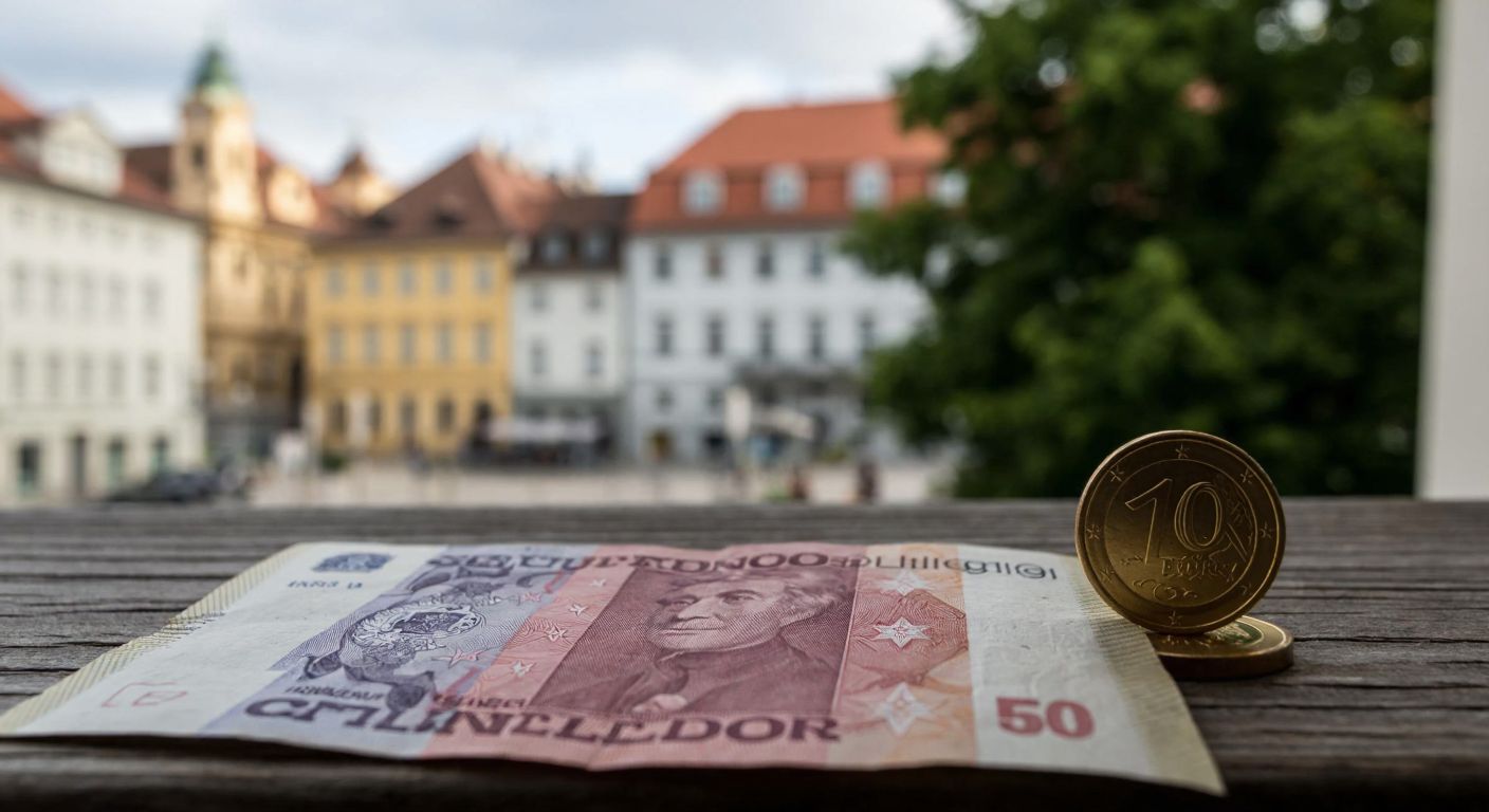 A faded Austrian schilling banknote rests on a wooden table beside a modern euro coin, with a blurred European cityscape in the background.