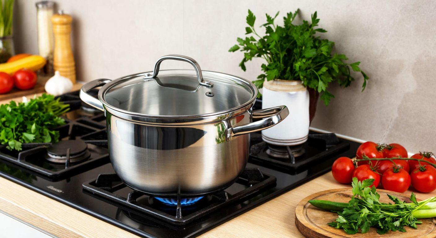A gleaming stainless steel Safinox pot with a three-layered thermal base sits on a modern stovetop in a Turkish kitchen, surrounded by fresh vegetables and herbs, radiating warmth and quality.