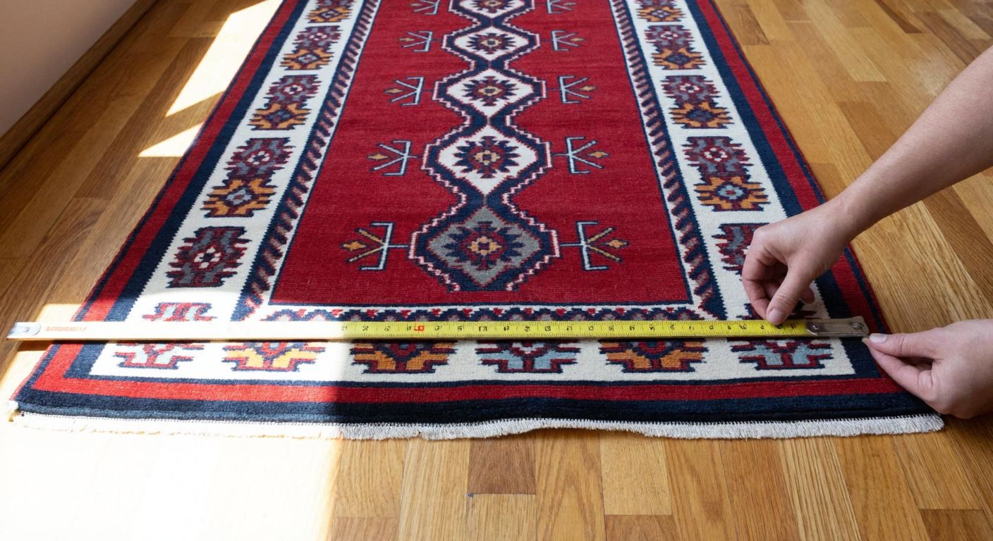 A hand holding a measuring tape over a traditional Turkish rug with geometric patterns, laid out on a wooden floor in a sunlit room.