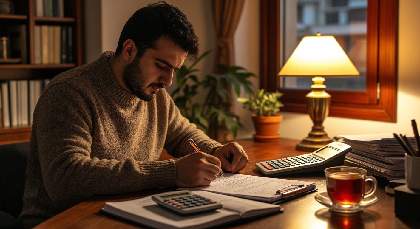 A focused Turkish individual in a cozy home office, carefully organizing financial documents with a calculator and a neatly arranged notebook, surrounded by warm lamplight and a steaming cup of Turkish tea.