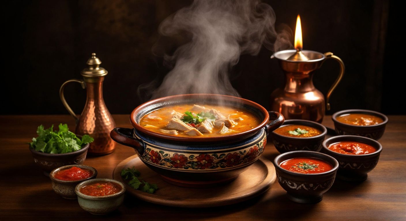 A steaming bowl of tripe soup in a Turkish ceramic dish, surrounded by small bowls of vibrant tomato sauce, spicy pepper sauce, vinegar dressing, and fenugreek paste, with a warm, inviting glow from a nearby copper lamp.