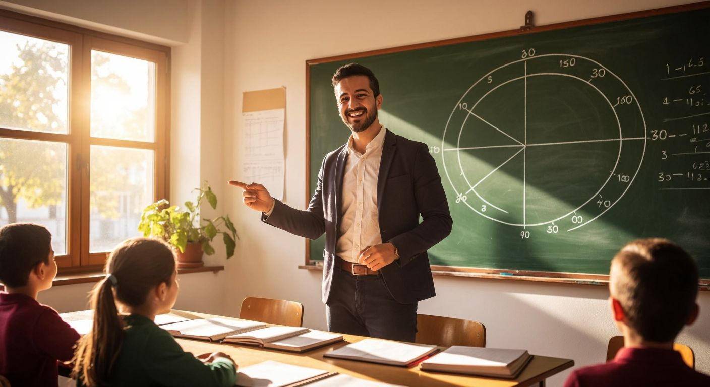 A confident Turkish teacher in a sunlit classroom points to a unit circle on a chalkboard, highlighting the 120° angle in the second quadrant with a warm smile, while students nod in understanding.