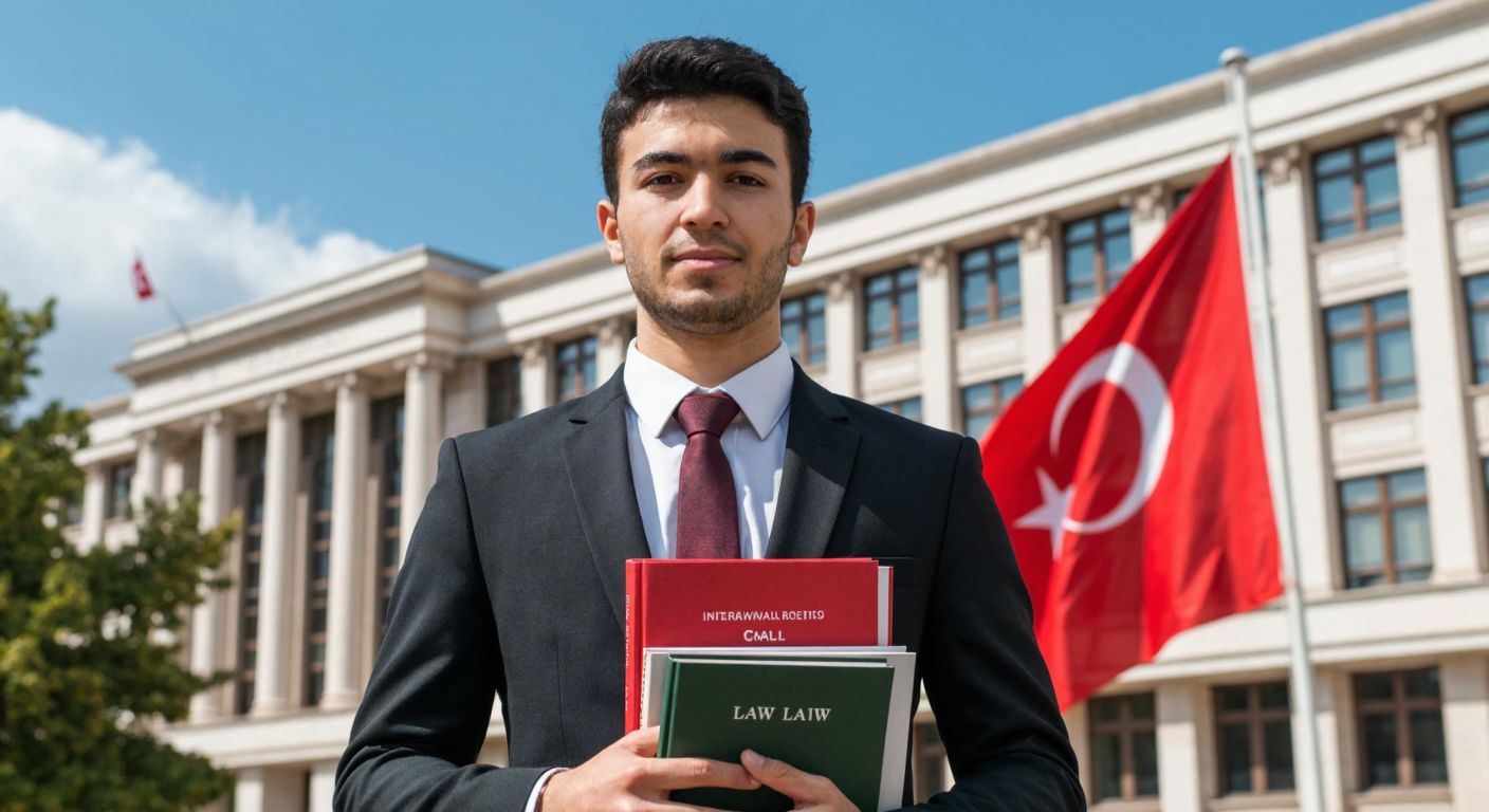 A young Turkish student in formal attire stands confidently in front of a university building, holding a stack of books labeled with subjects like "International Relations" and "Law," while a distant Turkish flag waves gently in the background.
