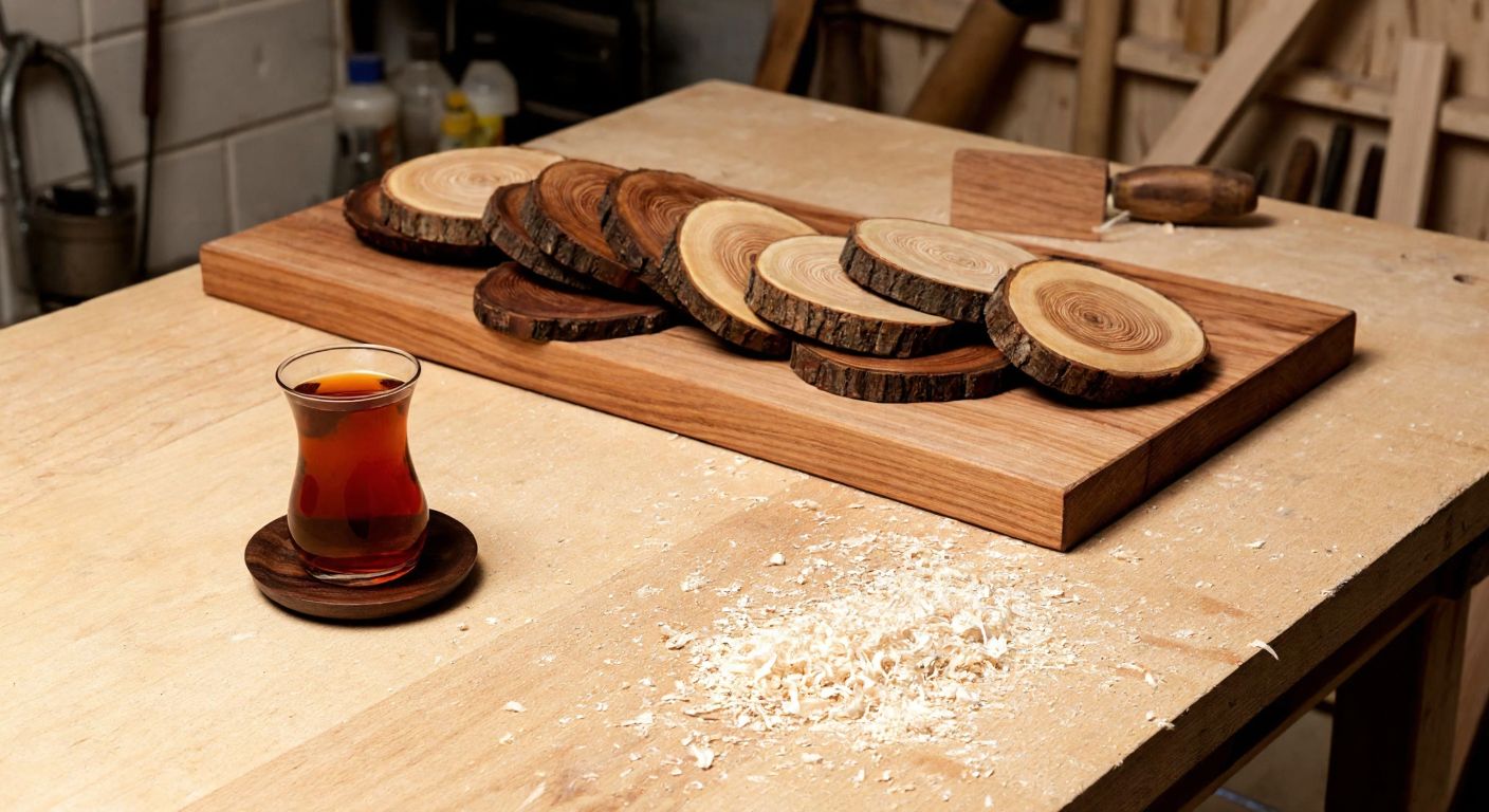 A rustic wooden workbench in a Turkish workshop, with neatly arranged slices of pine, cedar, and oak, a steaming glass of çay resting on a polished walnut coaster, and wood shavings scattered around.