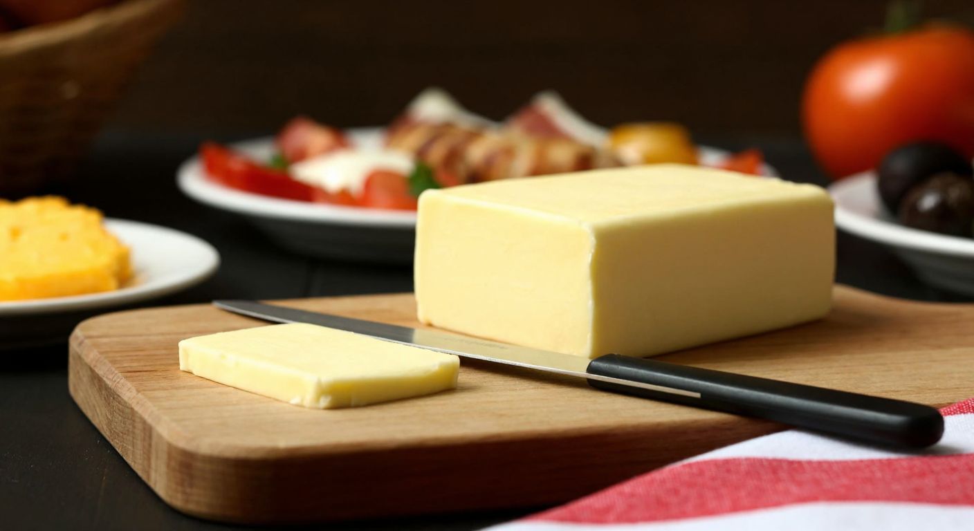 A small, narrow knife with a rounded tip rests on a wooden cutting board beside a golden block of butter, with a traditional Turkish breakfast spread in the background.