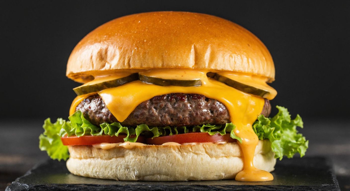 A juicy cheeseburger with melted golden cheddar cheese dripping over a thick beef patty, served on a toasted sesame bun with fresh lettuce and tomato slices, evoking a rich, savory aroma.
