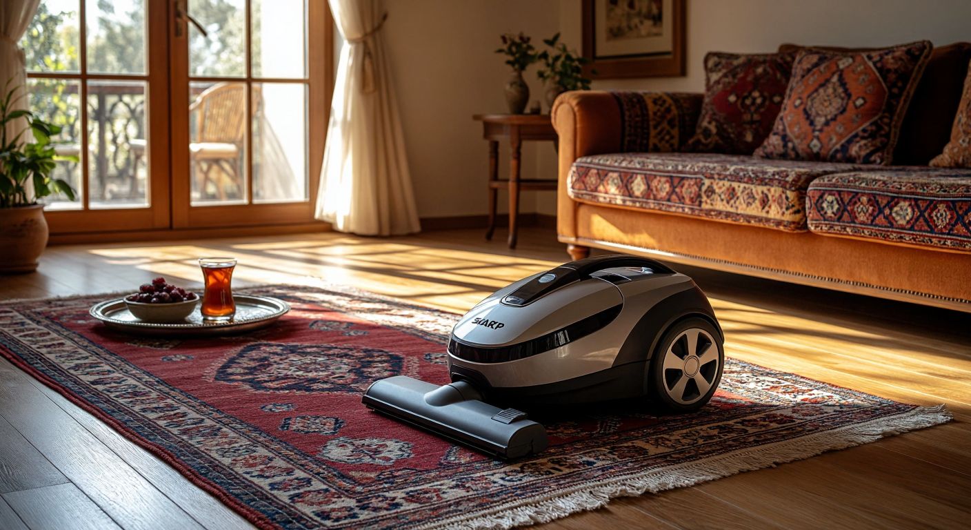 A sleek vacuum cleaner with a Sharp logo sits on a wooden floor in a sunlit Turkish living room, with a traditional kilim rug and a tray of Turkish tea in the background.