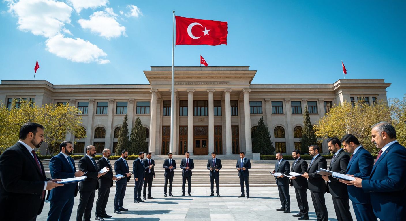 A solemn government building in Ankara with a Turkish flag flying overhead, surrounded by officials in formal attire discussing documents, symbolizing bureaucratic authority and institutional hierarchy.