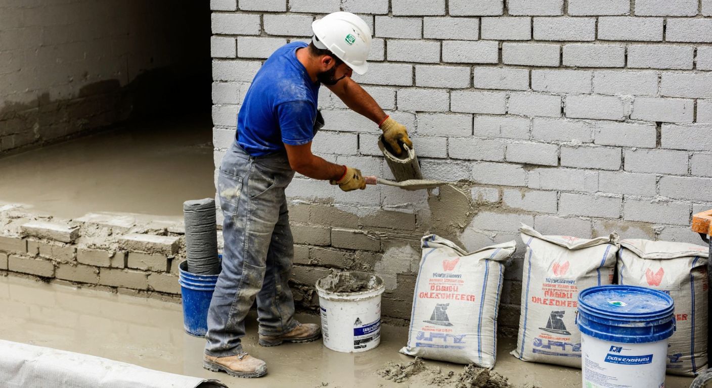 A construction worker in a hard hat and dusty overalls applies rough plaster to a brick wall with a trowel, surrounded by bags of cement and buckets of mortar in a Turkish building site.