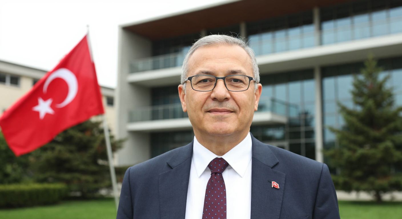 A distinguished middle-aged Turkish man with short gray hair, wearing a formal suit and glasses, stands confidently in front of a modern university building with the Turkish flag waving nearby.