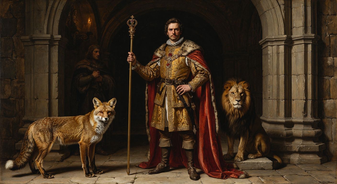 A stern Renaissance-era prince in a dimly lit stone chamber, holding a scepter while a fox and lion stand at his feet, symbolizing cunning and strength.