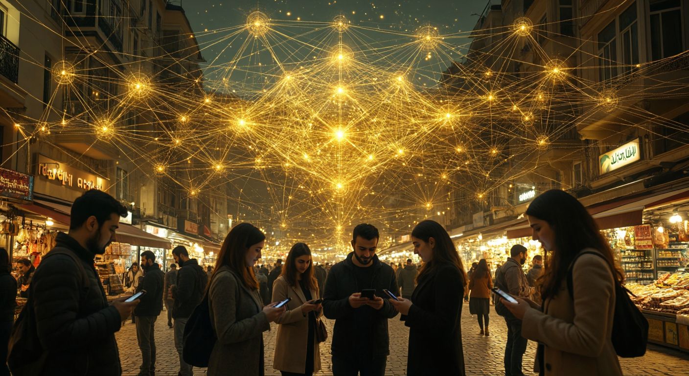 A glowing, interconnected web of golden threads spanning the globe, with secure transaction nodes shimmering like stars, while a diverse group of people confidently make digital payments using smartphones in a bustling Turkish marketplace.