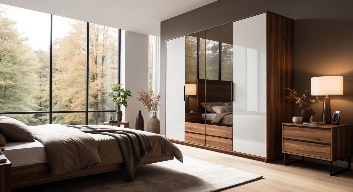 A warm, rustic walnut MDF bedroom set with rich wood grain stands beside a sleek, glossy white lacquered modern wardrobe, bathed in soft natural light from a nearby window.