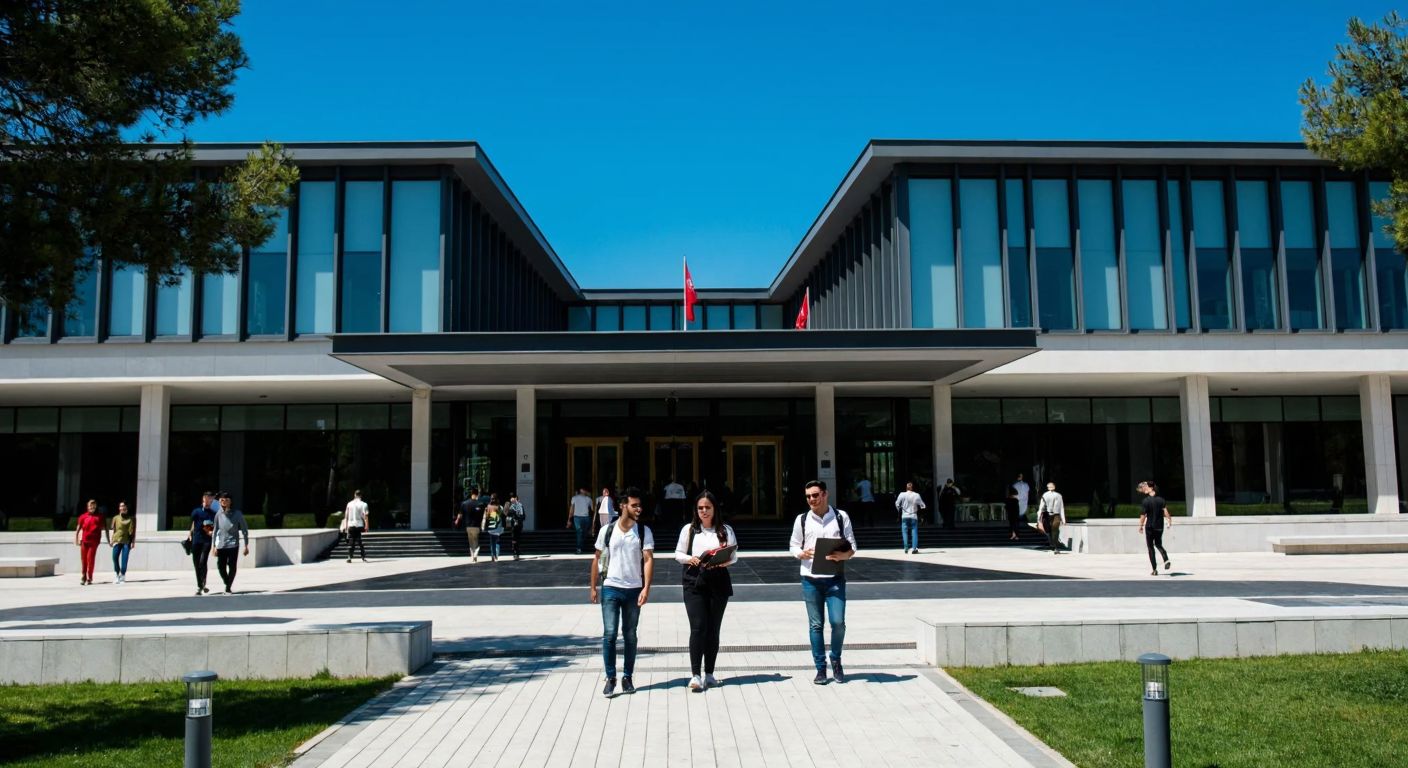 A modern university building in Istanbul with students walking toward the entrance, holding laptops and books, under a clear blue sky.